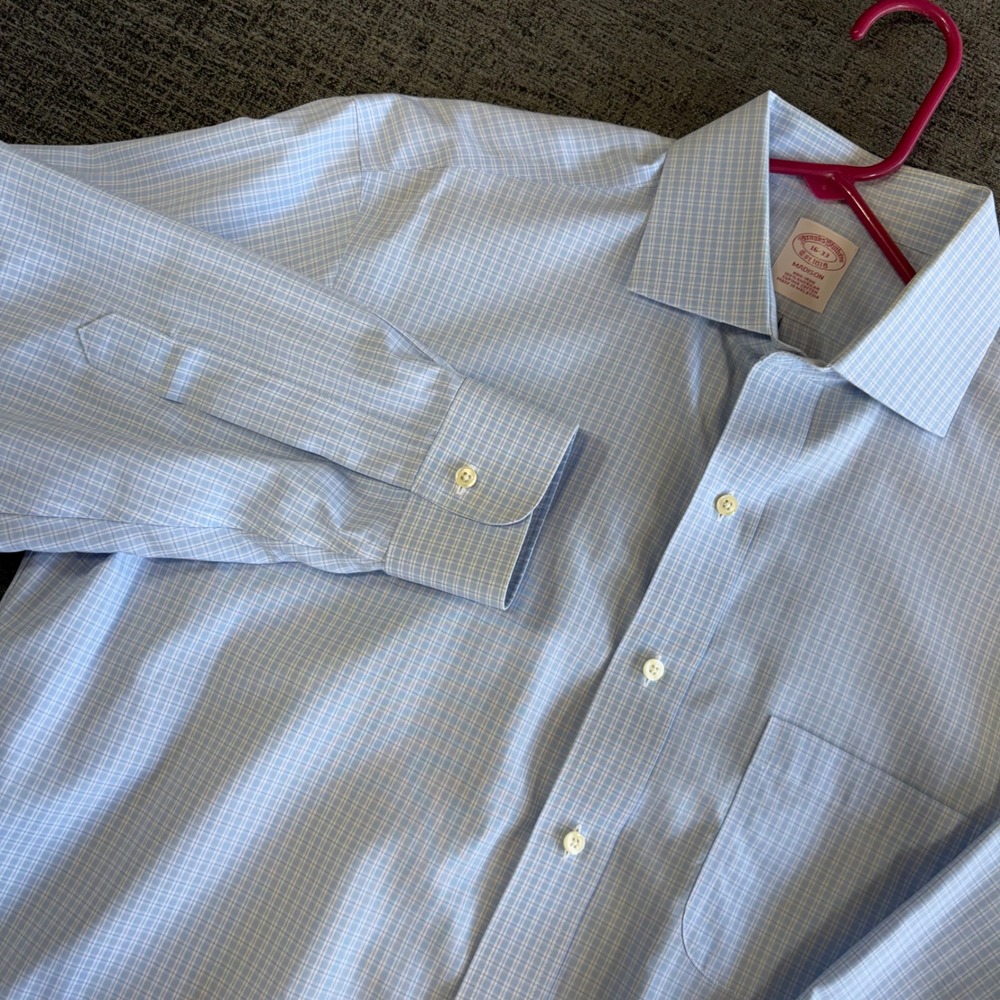 Brooks‎ Brothers Dress Shirt 16-33 Madison Fit Non-Iron Light Blue Grid Cotton